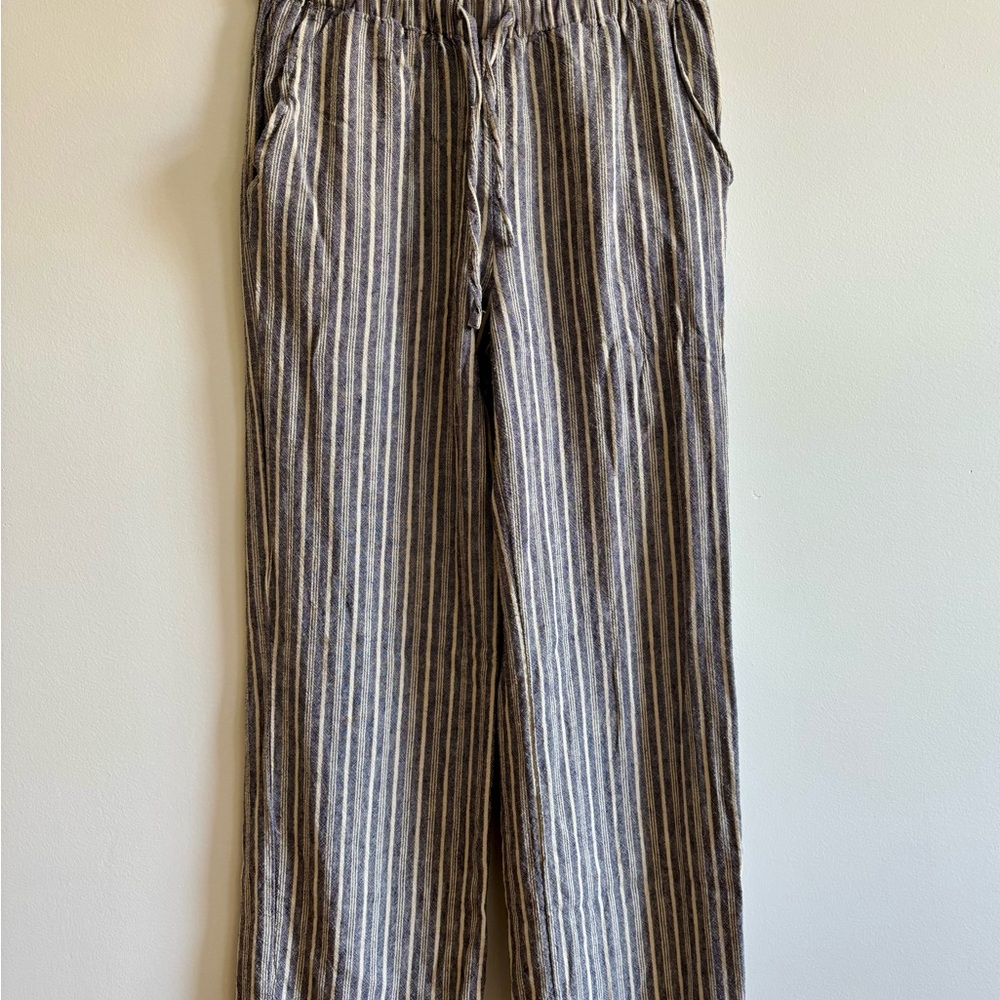 Urban Outfitters Blue and Cream Linen Pants with Drawstring Waist and Pockets
